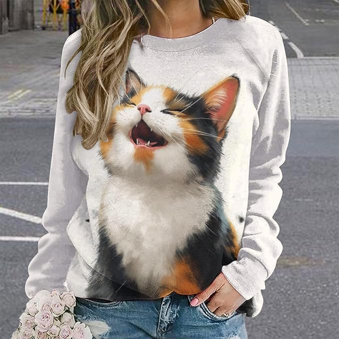 Long Sleeve Shirts for Women Cat Printed Fall Winter Dressy Holiday Casual Fashion Crewneck Tunic Tee Shirts