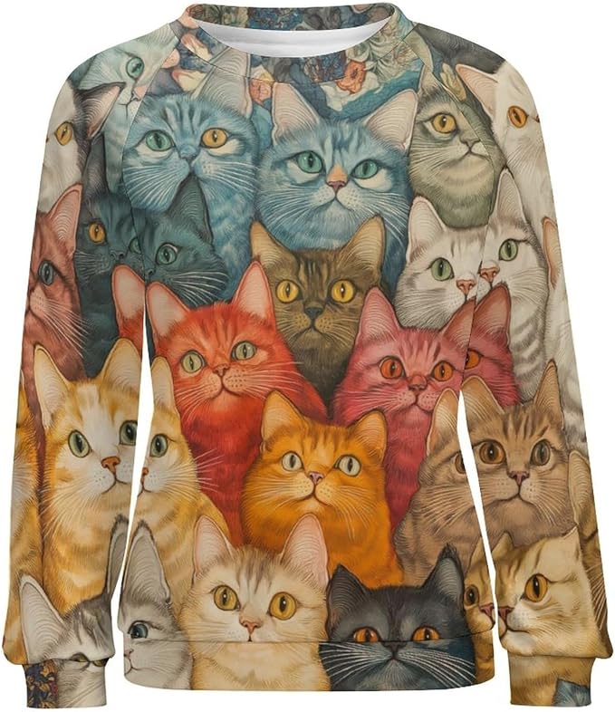 Fall Sweaters for Women 2024 Cat Print Long Sleeve Casual Crewneck Warm Fall Pullover Comfy Fashion Sweatshirts