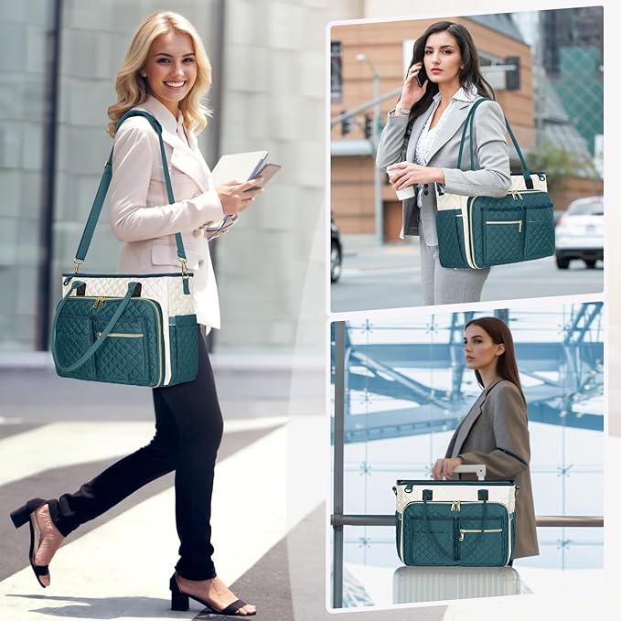 RAINSMORE Teacher Tote Bag 15.6 inch Laptop Bag for Women Work Bags Laptop Tote Nurse Bag Professional Computer Messenger with Insulated Pocket, Laptop Briefcase for Office, College,Green-white