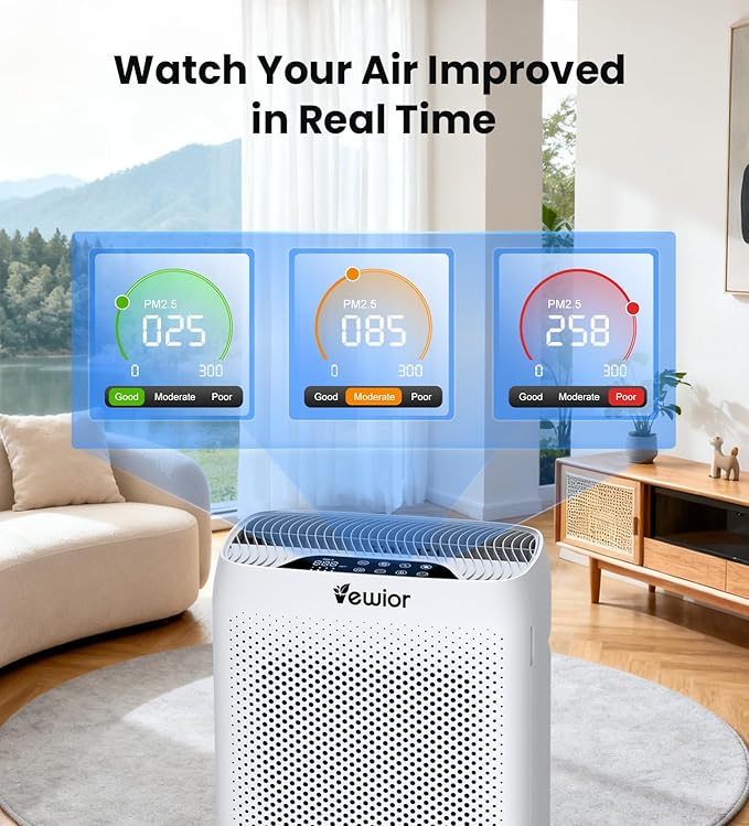 VEWIOR Air Purifiers for Home Large Room Up to 3000Sq.ft, H13 HEPA Air Purifier for Bedroom with PM2.5 Display Air Quality Sensor, Sleep Mode, Timer, Air Cleaner for Smoke, Pet Hair, Dust Pollen