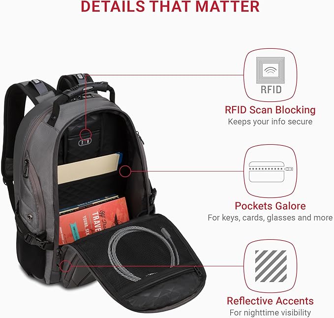 SwissGear 1900 ScanSmart 17” Laptop Backpack Stingray Ballistic – Reflective Tech Backpack with ScanSmart Compartment – Multiple Organizer Pockets & RFID Scan Blocking Technology