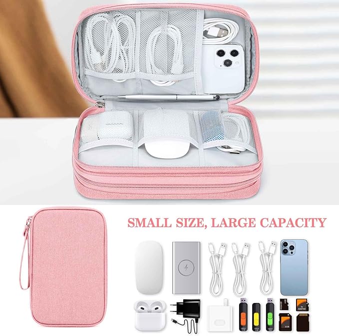 FYY Electronic Organizer, Large Travel Cable Organizer Bag Pouch Electronic Accessories Carry Case Portable Waterproof Double Layers All-in-One Storage Bag for Cable, Cord, Charger, Phone, Pink