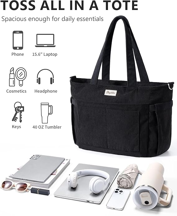 Corduroy Tote Bag for Women, 17 Pockets Laptop Work Tote Lightweight Teacher Nurse Bible Shoulder Bag for School Daily Travel