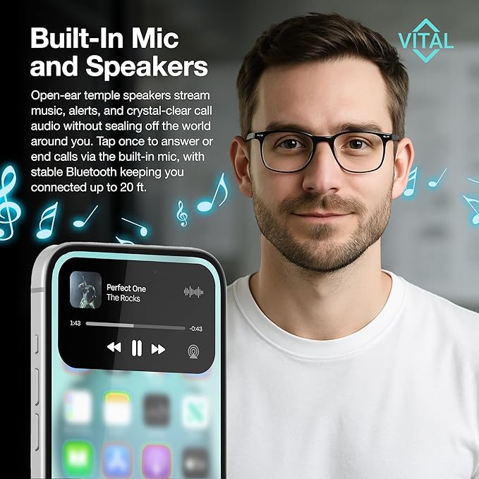 Vital Smart Glasses for Men AI Translation – Open-Ear Bluetooth 5.3 Audio, 164-Language Translator in Phone App Vital Smart Glasses for Women UV400 Blue-Light Blocker Voice-Assistant Eyewear AI Glass