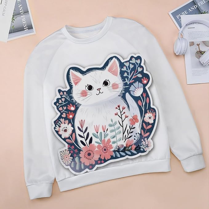 Sweatshirt for Women Cat Print Fashion Funny Plus Size Ladies Dressy Crewneck Casual Trendy Tee Shirts