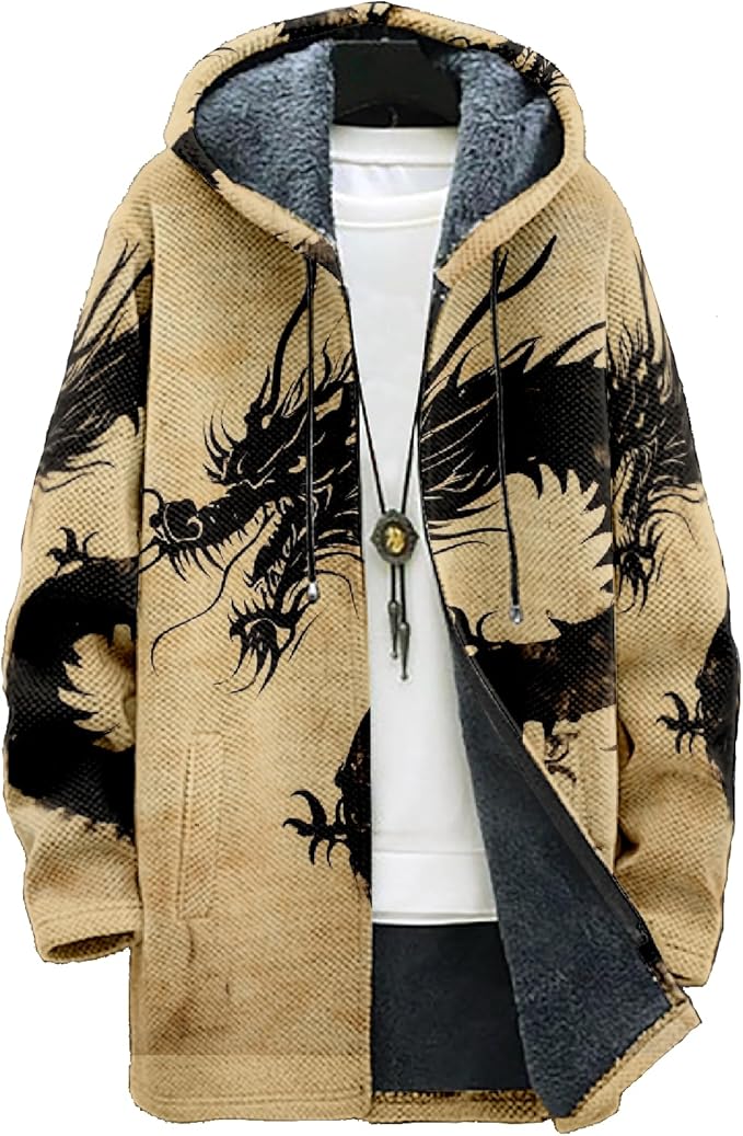 Mens Hooded Cardigan Japanese Art Zip Up Long Sleeve Sweater Hoodie Dragon Print Coat with Pockets