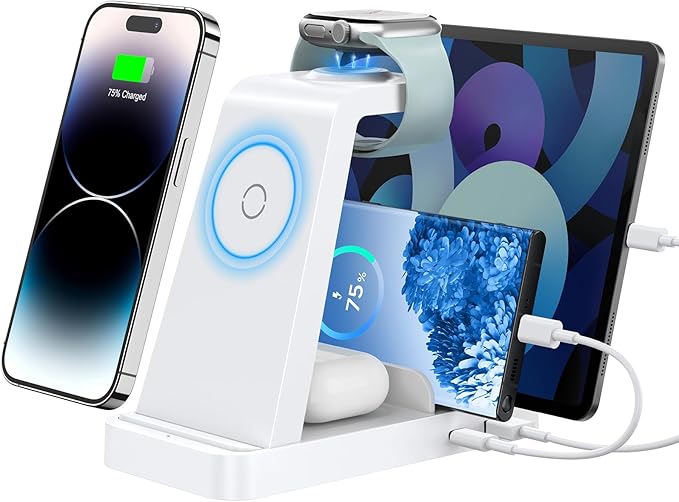 Wireless Charger for iPhone - 5 in 1 Charging Station for Multiple Devices Apple: Fast Wireless Charging Stand Dock for iPhone 17 16e 16 15 14 13 12 Pro Max Apple Watch Airpods(White)