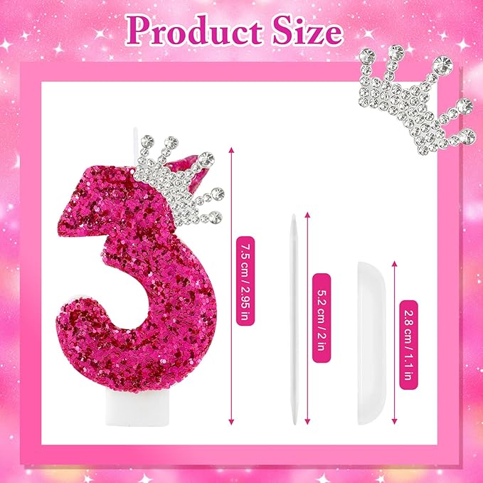 AKURIEEY Hot Pink Birthday Candles Crown Number 3 Candle Birthday Party Decorations Cake Topper Cupcake Decor for Anniversary Celebrations Supplies