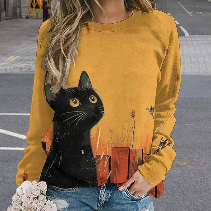 Long Sleeve Shirts for Women Cat Printed Fall Winter Dressy Holiday Casual Fashion Crewneck Tunic Tee Shirts