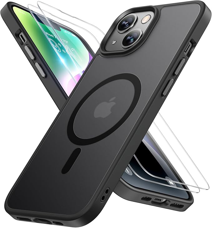 Miracase Magnetic for iPhone 14 Plus Case 6.7 inch (Compatible with MagSafe)（with 2X Screen Protectors） Military-Grade Protection, Anti-Fingerprint Translucent Matte Phone Case Cover, Black