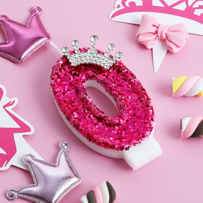 AKURIEEY Hot Pink Birthday Candles Crown Number 0 Candle Birthday Party Decorations Cake Topper Cupcake Decor for Anniversary Celebrations Supplies