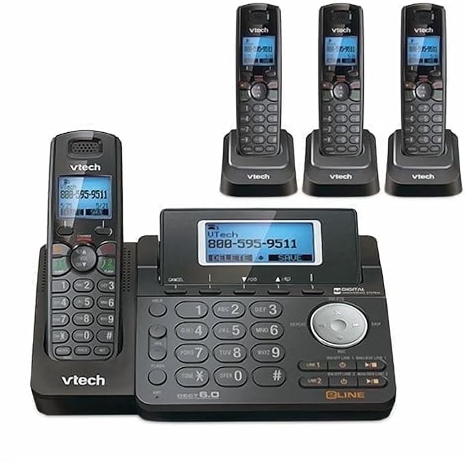 VTech DS6151-11 DECT 6.0 2-Line Expandable Cordless Phone + (3) DS6101-11 Accessory Handset, Black