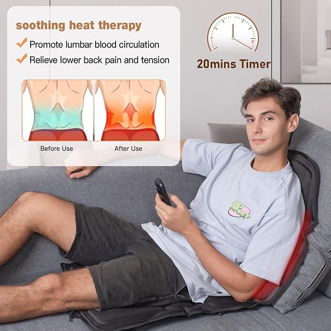 SLOTHMORE Back Massage Chair Pad, Back Massager with Heat for Pain Relief, Chair Massager for Full Body Massage, Deep Tissue Vibration Massger with 2 Adapters, Chair Massager for Office and Recliner