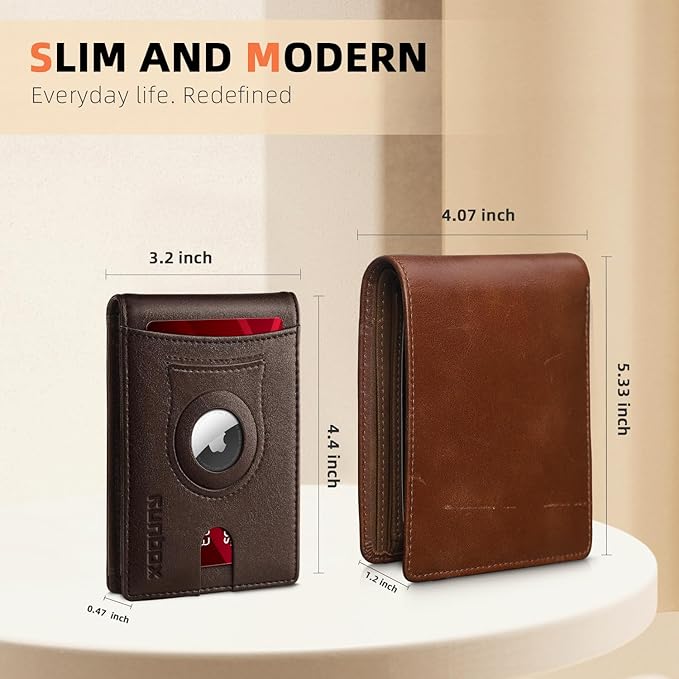 RUNBOX AirTag-Wallet-Mens-Slim-RFID Blocking Wallets Leather with Bill Compartment Air Tag Bifold Card Holder Wallet Gifts for Men Dad