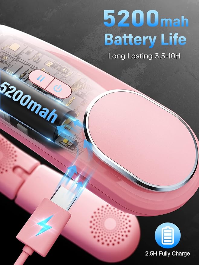 ChillGo Neck Fan - Portable, Foldable, Bladeless Personal Fan with 4 Vent Air Conditioner Effect, Strong Airflow, 5200mAh Battery for Travel and Outdoor