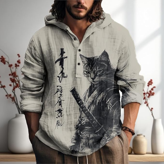 MARSVOVO Mens Japanese Art Long Sleeve Hooded Shirts Lightweight Quarter Button Hoodie Casual Cool Tops for Spring Fall