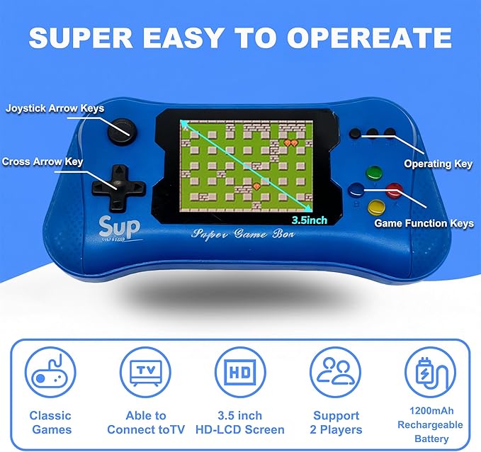 Handheld Game for Kids, Preloaded 500 Retro Video Games, Portable TV Video Gaming Player, Portable Gaming Player Rechargeable Battery 3.5" LCD for Grandkids and Toddlers (Blue)