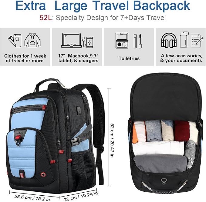 Z-MGKISS Big Backpack for Travel, 52L Large Anti-Theft Computer Backpack for Women Men, Heavy Duty Laptop Bag 17.3 Inch with USB Port, College Business Work Daypack, Lake Blue