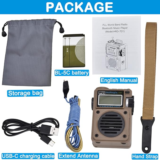 Radio, Bluetooth Speaker Support MicroSD Card, FM MW WB Shortwave Receiver with NOAA Alerts and Sleep Timer, Rechargeable Retro Digital Radios with Backlit and Alarm for Camping HRD701