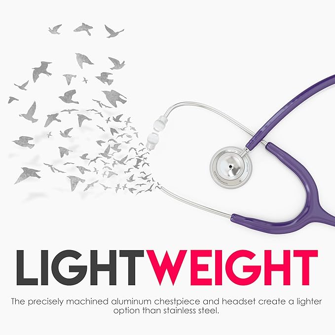 MDF Instruments, Acoustica Lightweight Stethoscope for Doctors, Nurses, Students, Home Health Use, Adult, Dual Head, Purple Tube, Silver Chestpiece-Headset, MDF747XP08