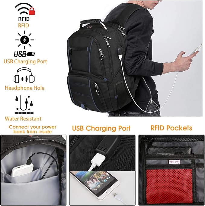 LTINVECK Extra Large 50L Travel Laptop Backpack, Blue, Unisex, Backpack with USB Charging Port, TSA Friendly, Durable, Heavy Duty, 17 Inch Laptop