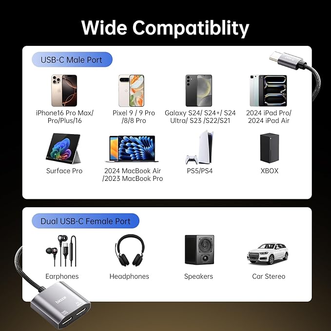 USB C to Dual USBC Headphone and Charger Adapter, USB C Splitter 1 in 2 Out Male to Female Audio Dongle Cable with 60W Fast Charging for iPhone 16/15, Samsung Galaxy S25/S24/S23