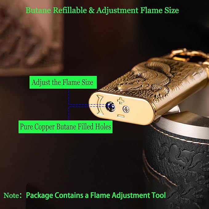 Torch Lighter, Relief Crocodile Design Magic Dual Flame Lighter with Adjusting FlameTool, Cool Windproof Jet Lighters, Refillable Butane Lighters for Men Outdoor Indoor(Without Butane)-Black Crocodile