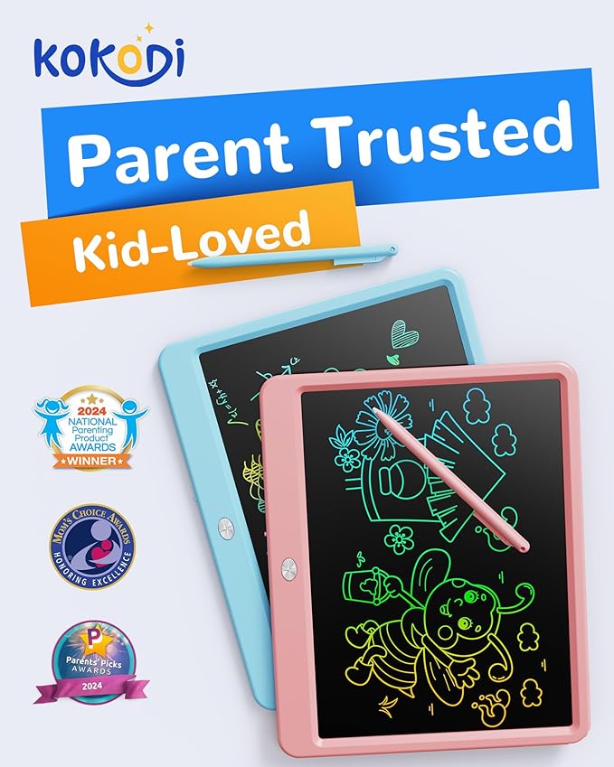 KOKODI LCD Writing Tablet, 12 Inch Colorful Toddler Doodle Board Drawing Tablet, Erasable Reusable Electronic Drawing Pads, Educational and Learning Toy for 3-6 Years Old Boy and Girls(Pink)