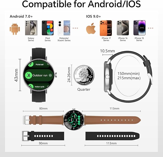 Smart Watches for Men/Women,1.27" HD Fitness Watch Answer/Make Call, Heart Rate/Sleep/SpO2，Round Smart Watch for iPhone/Samsung/Android,IP68 Waterproof，110+ Sport Mode-Black(2 Bands)