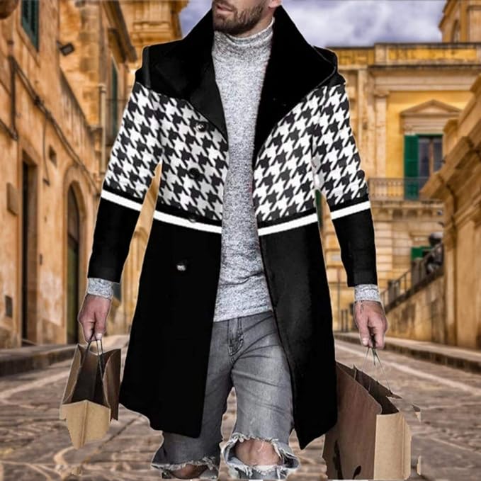 Men's Plaid Long Trench Coat Mid - Length Lapel Collar Button Down Warm Overcoat for Winter & Autumn Fashion