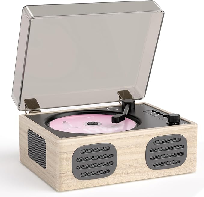Portable Retro CD Player with Bluetooth Transmitter and Dual HiFi Speakers, LED Screen, Desktop Vintage Nostalgic Rechargeable CD Music Player for Home, Grey Wooden