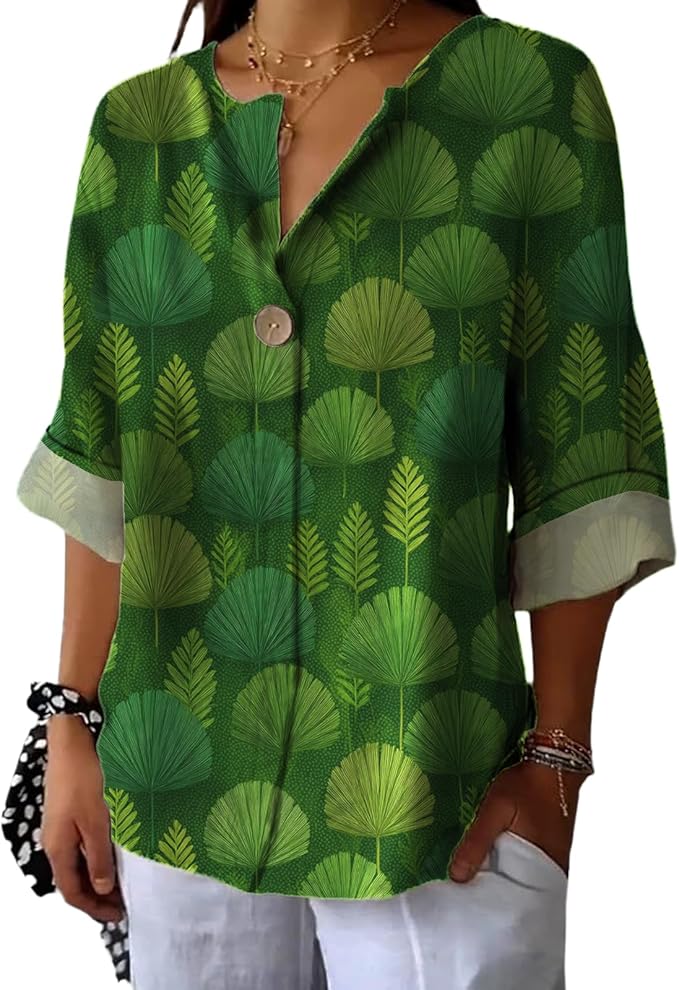 Fashion Shirts for Women Loose Fit Button Down V Neck Blouse 3/4 Sleeves Casual Tunic Tops Summer Outfits
