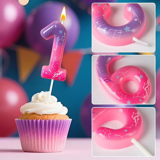 Lurevian K-pop Pink Purple Number Birthday Candle – Trendy Cake Decoration for Themed Parties, Sparkly Gradient Cake Topper for Girls Birthday Party Decoration for Teens（Number 1）