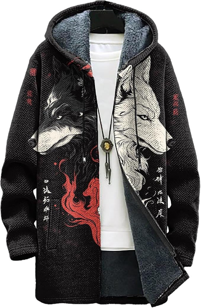 MARSVOVO Long Hooded Cardigan Men Japanese Art Style Fashion Cool Graphic Streetwear Winter Warm Lined Fleece Jacket