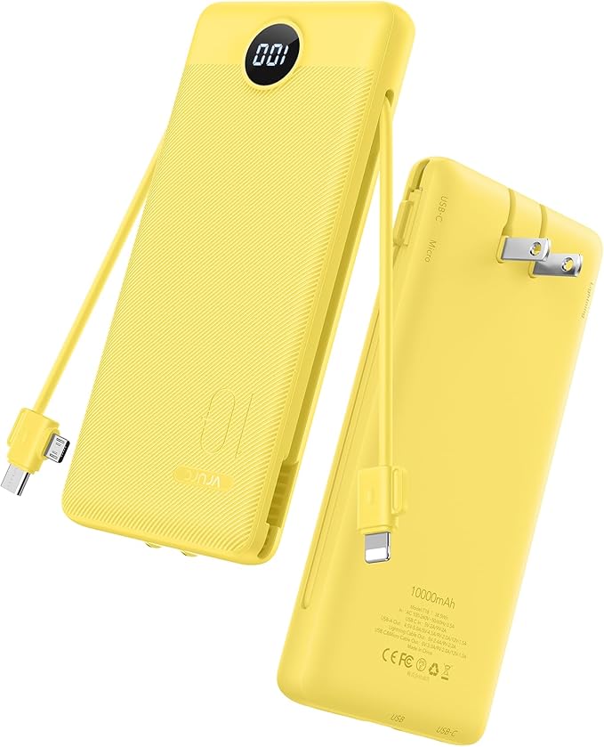 VRURC Portable Charger with Wall Plug, 10000mAh Slim Portable Charger Built in Cables,PD 20W Fast Charging Power Bank with Cords,USB C Portable Phone Charger Travel Accessories -Yellow(1 Pack)