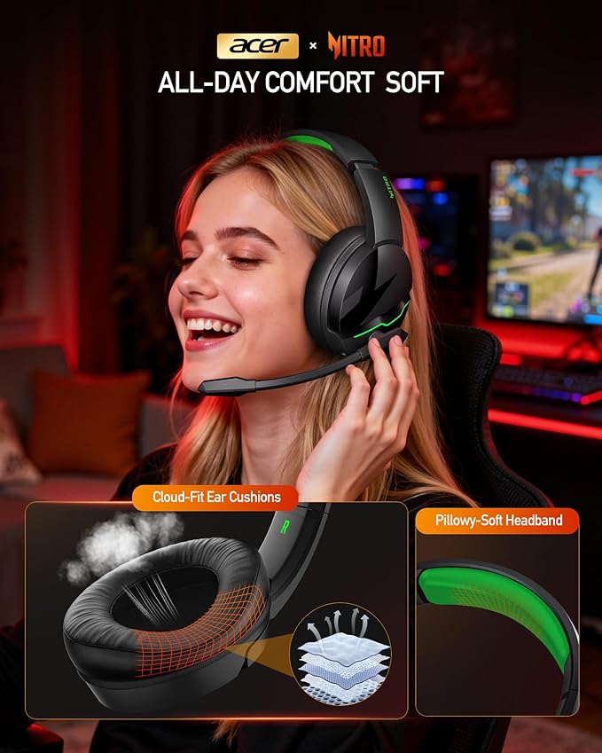 acer Wireless Gaming Headset, PS5 Headset with 2.4GHz for Ps5, Ps4, PC, Switch, Bluetooth 5.3 + 100Hrs Gaming Headphones with Noise Canceling Mic for Laptop, Mobile, Mac, 50mm Drivers (Green)