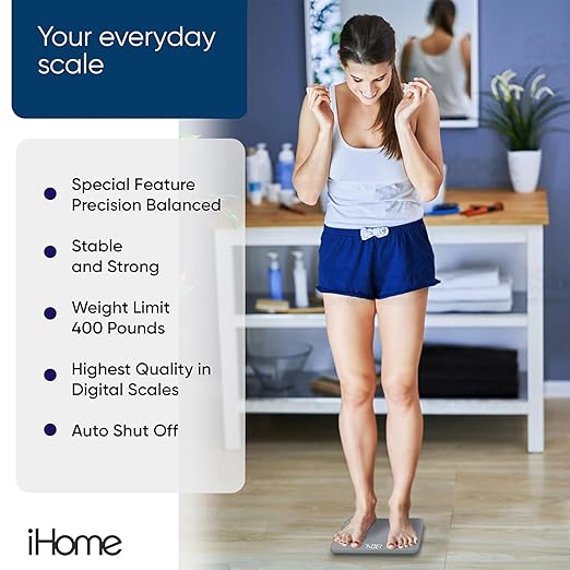 iHome Digital Scale, Bathroom Scale, Batteries Included, Scale Body Weight, Weight Scale, Digital Scale, Bathroom Scales for Weight, Digital Scales for Body Weight (Grey)