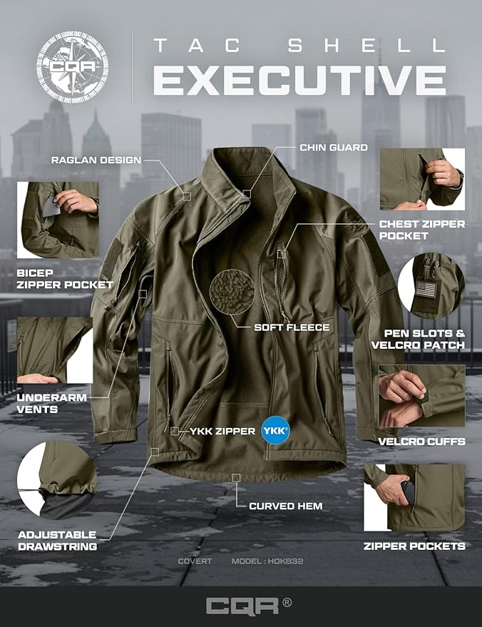 CQR Men's Tactical Softshell Jacket, Winter Warm Fleece Lined Coat, Water Resistant Outdoor Hunting Hiking Rain Windbreaker