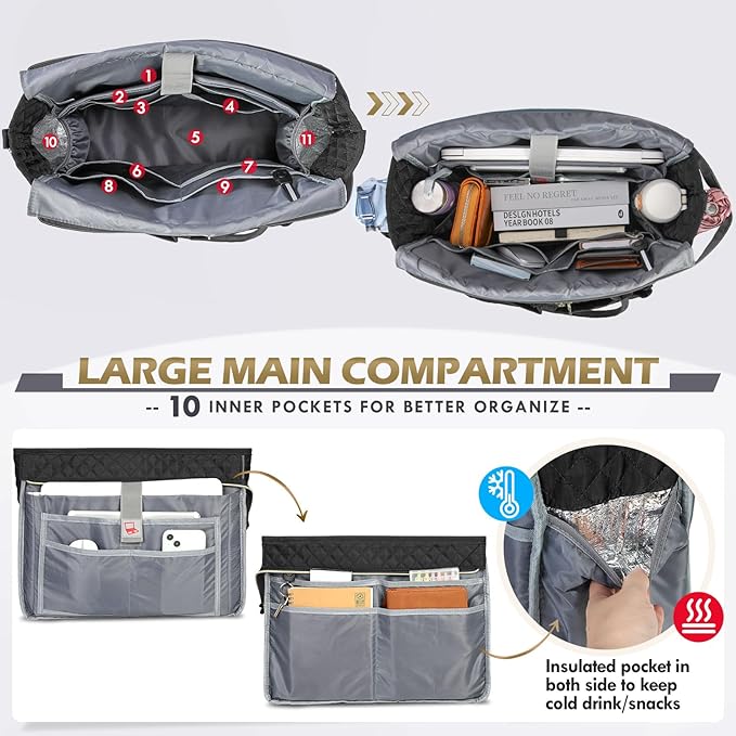 RAINSMORE Teacher Tote Bag 15.6 inch Laptop Bag for Women Work Bags Laptop Tote Nurse Bag Professional Computer Messenger with Insulated Pocket, Laptop Briefcase for Office, College, Nursing, Black
