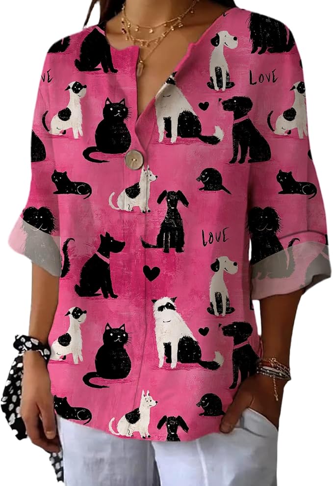 Fashion Shirts for Women Loose Fit Button Down V Neck Blouse 3/4 Sleeves Casual Tunic Tops Summer Outfits