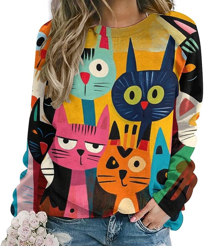 Fall Sweaters for Women 2024 Cat Print Long Sleeve Casual Crewneck Warm Fall Pullover Comfy Fashion Sweatshirts