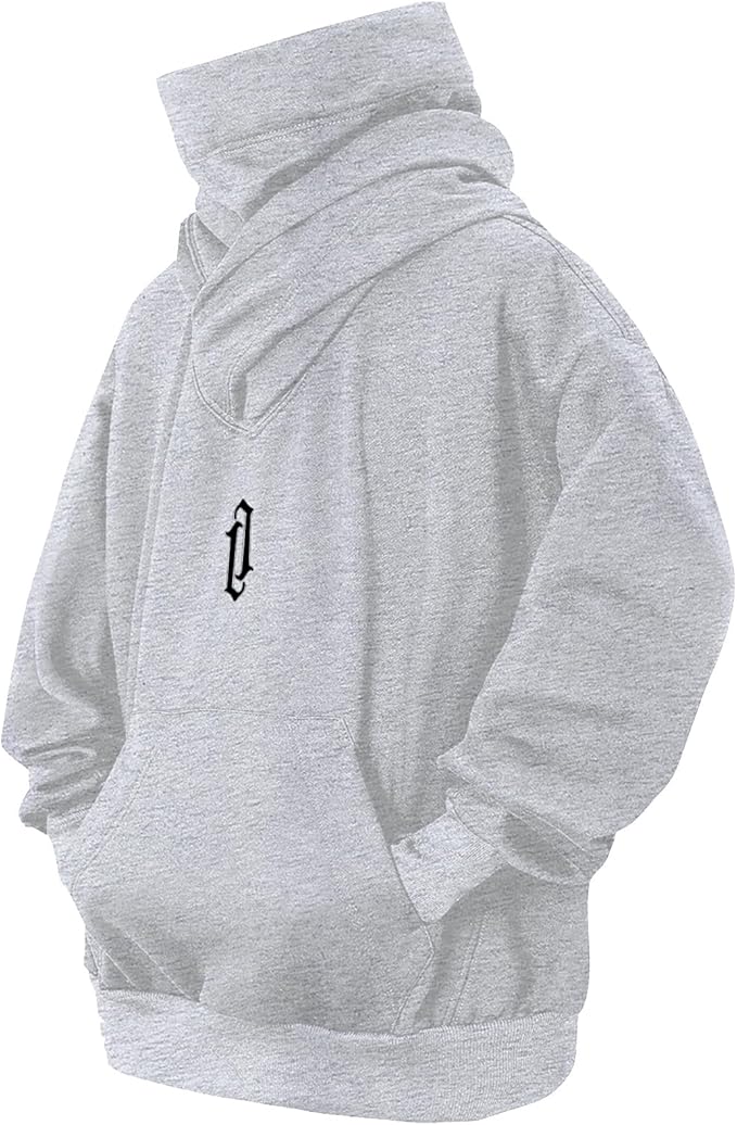 Fleece Hoodies for Men Cowl Neck Sweatshirts Hood with neck Gaiter Casual Pullover Fall Winter with Embroidery