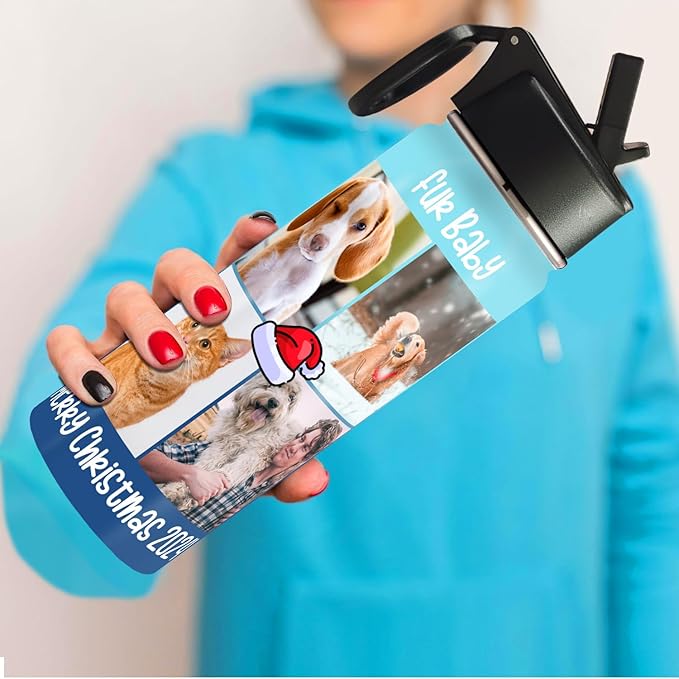 Personalized 4 Photos Water Bottles with Icon, 18oz/32oz Custom Text Stainless Steel Insulated Sport Water Bottle with Straw Lid & Handle, Customized Cup Gifts for Birthday Anniversary Christmas