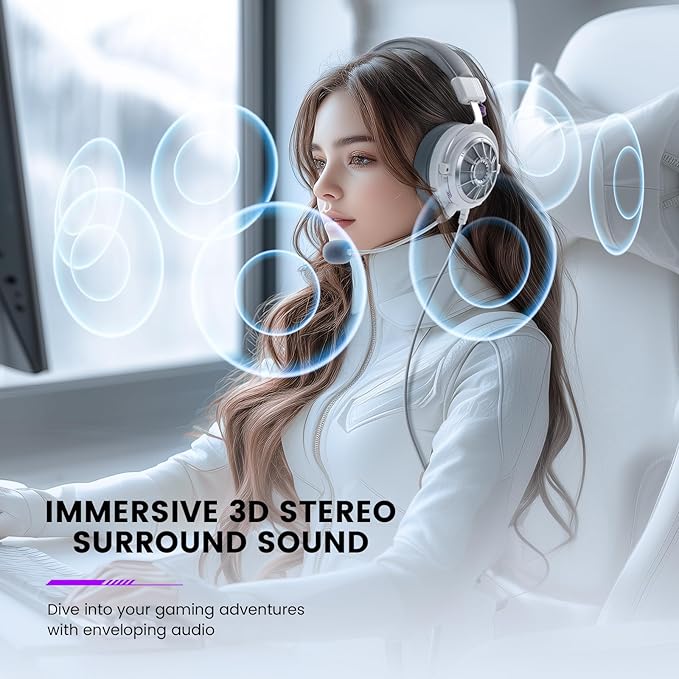 EKSA StarEngine S PC Gaming Headset-Stereo Surround Sound for PS4 PS5 Xbox One Xbox Series X/S, Over Ear Headphones with Noise Cancelling Mic, 50mm Drivers, 3.5mm Wired Headphones for Computer (White)
