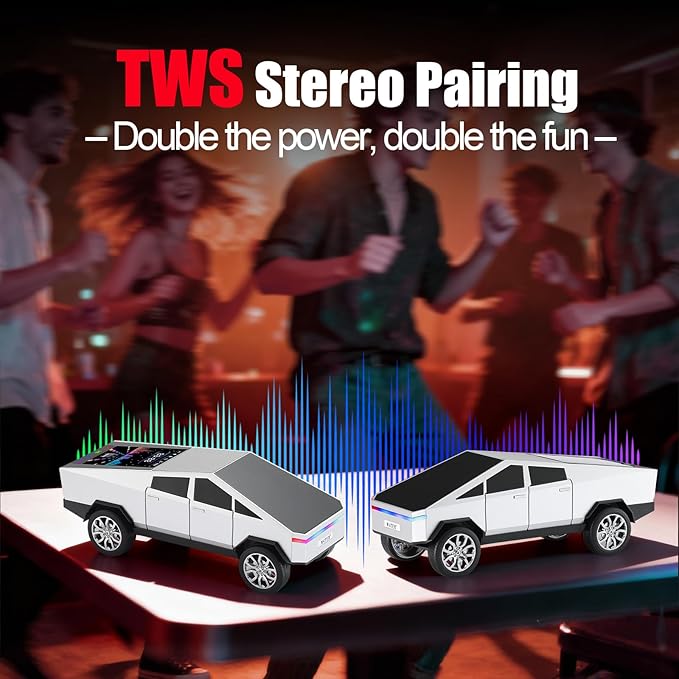 Portable Car Model Bluetooth Speaker with HD Stereo Sound, TWS Dual Pairing, LED Display, Truck-Style Wireless Speaker for Home, Office, Gaming & Collectible Display (Silver)