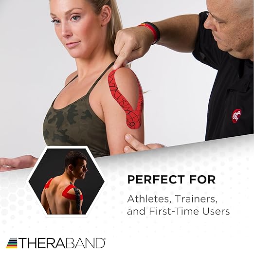 THERABAND Kinesiology Tape, Waterproof Physio Tape for Muscle & Joint Support, Standard Roll with XactStretch Application Indicators, 2" X 10" Strips, 20 Precut Strips, Hot Red/Black