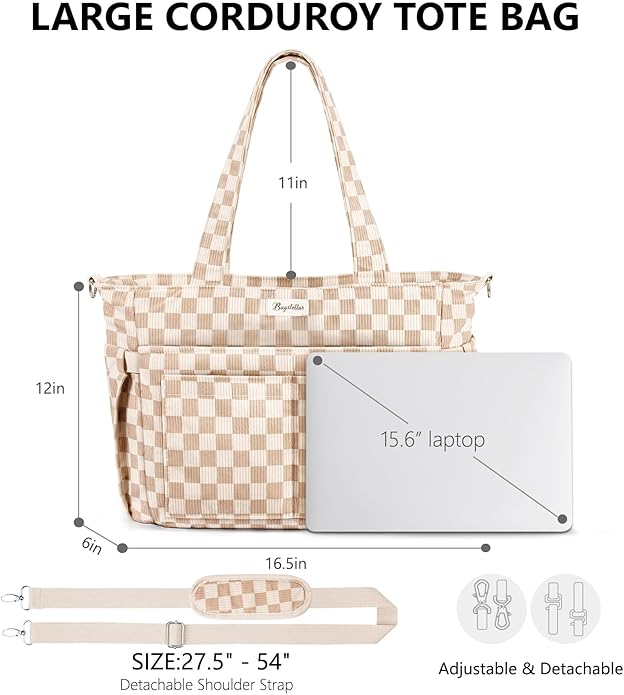 Corduroy Tote Bag for Women, 17 Pockets Laptop Work Tote Lightweight Teacher Nurse Bible Shoulder Bag for School Daily Travel