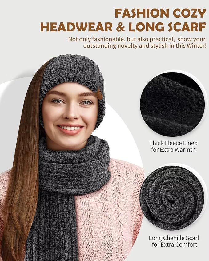 Women Beanie Scarf Gloves Headband Set, Chenille Winter Hats Fleece Lined Ear Warmer Knit Scarf Touchscreen Gloves 4 Gift Set