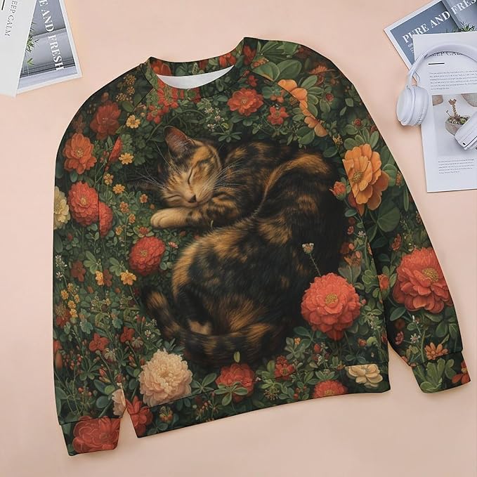 Sweatshirt for Women Cat Print Fashion Funny Plus Size Ladies Dressy Crewneck Casual Trendy Tee Shirts
