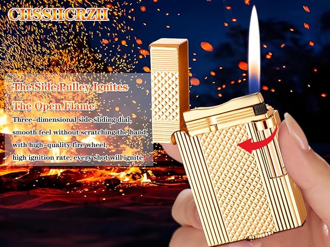 Classic Brushed Gas Lighters, Zinc Alloy Refilled Butane Lighter, Side Wheel Frosted Lighter, Adjustable Flame Flip Lighters, for Outdoor, Camping, Men's Gifts (Gold A)